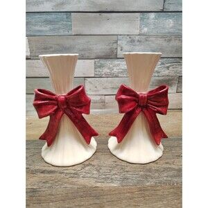 Vintage 1994 Fitz and Floyd  Omnibus Red Bow Set Of 2 Candleholders Holiday